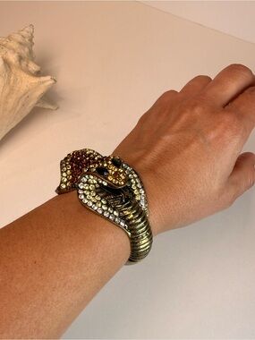 Snake-Head Cuff Bracelet in Antique Gold with Amber and Clear Crystals